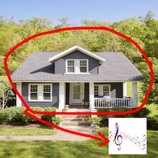 A house circled in red with an arrow pointing to a music note